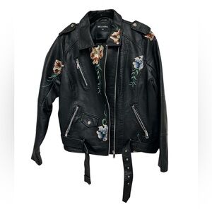 Bellivera Womens Moto Jacket Size XXL Black Faux Leather Embroidered Floral
